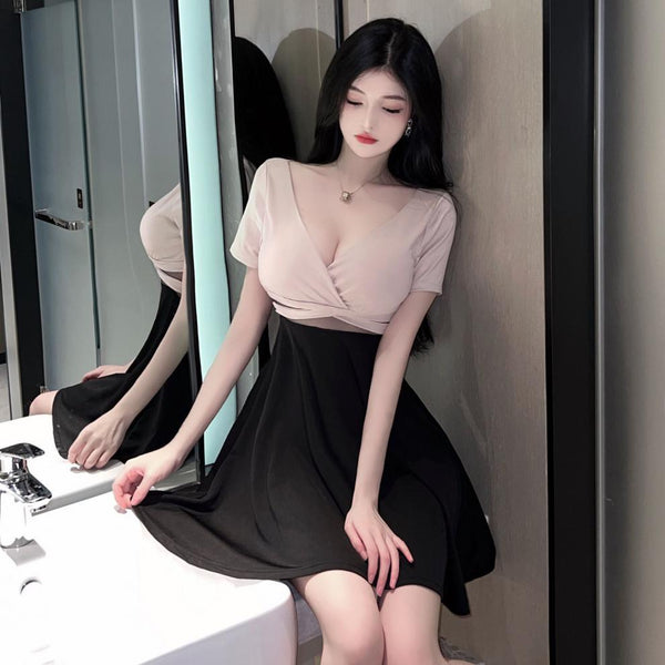 Sexy V Neck Low Cut Open Back Mesh Shoulder Off Short Sleeves A Line Flare Dress