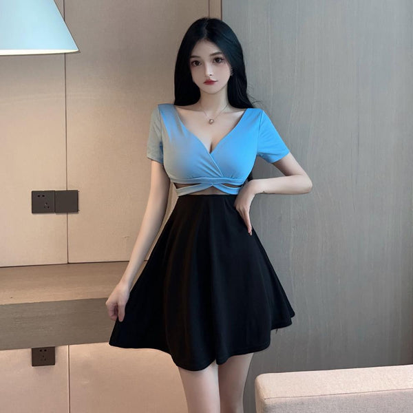 Sexy V Neck Low Cut Open Back Mesh Shoulder Off Short Sleeves A Line Flare Dress