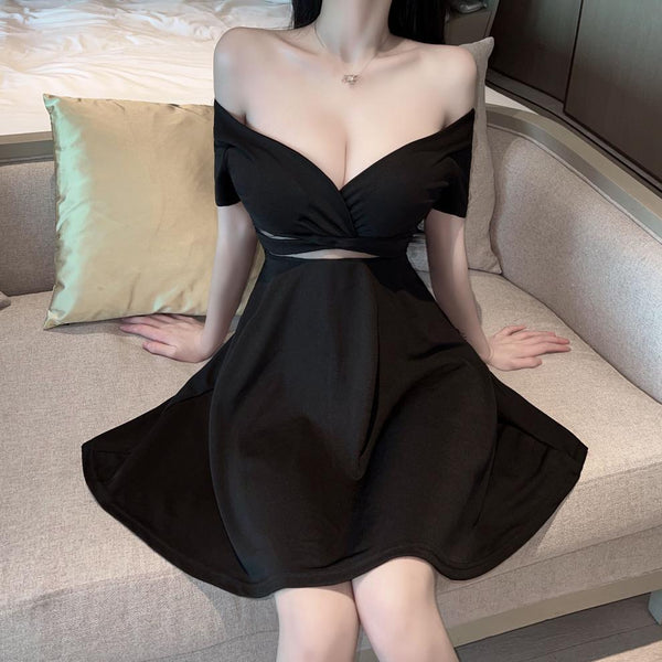 Sexy V Neck Low Cut Open Back Mesh Shoulder Off Short Sleeves A Line Flare Dress