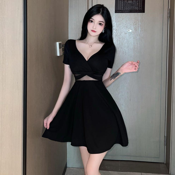 Sexy V Neck Low Cut Open Back Mesh Shoulder Off Short Sleeves A Line Flare Dress