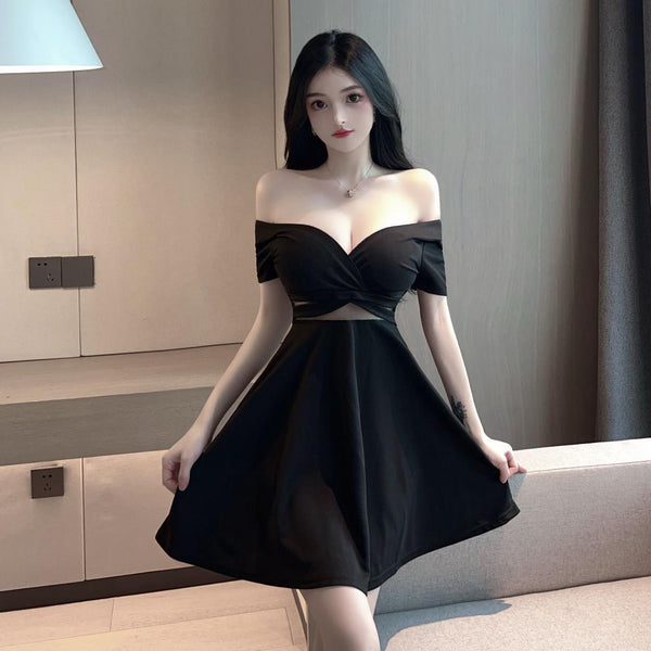 Sexy V Neck Low Cut Open Back Mesh Shoulder Off Short Sleeves A Line Flare Dress