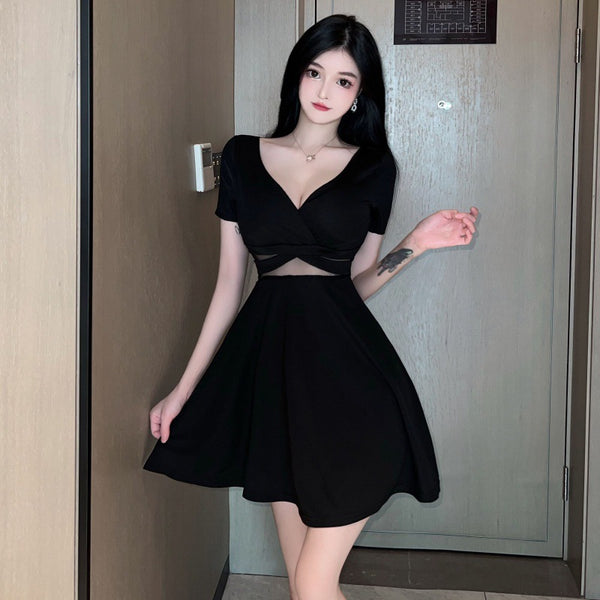 Sexy V Neck Low Cut Open Back Mesh Shoulder Off Short Sleeves A Line Flare Dress