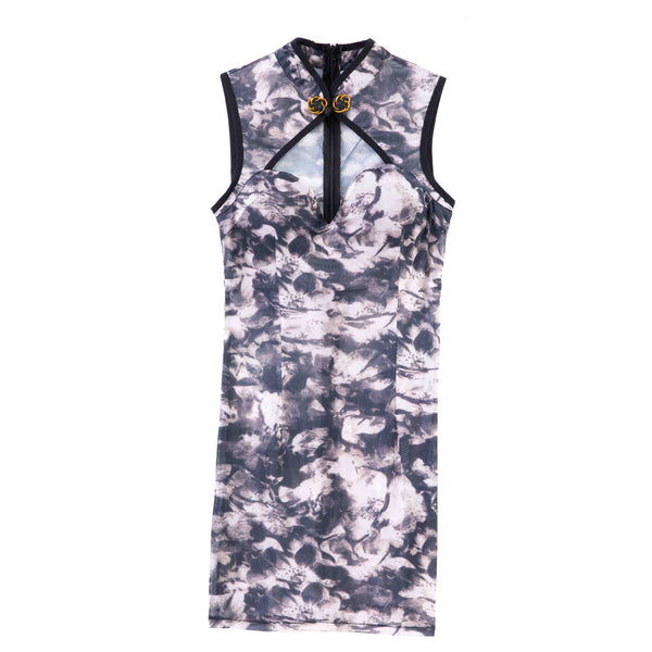 Elegant Women Mandarin Collar Sleeveless Front Hollow Cheongsam Floral Printed Low Cut Tight Bodycon Dress