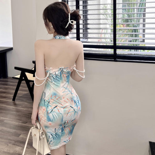 Attractive Stand Collar Halter Neck Hollow Low Cut Open Back Cheongsam Floral Bodycon Clubwear Dress