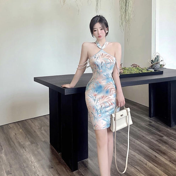 Attractive Stand Collar Halter Neck Hollow Low Cut Open Back Cheongsam Floral Bodycon Clubwear Dress