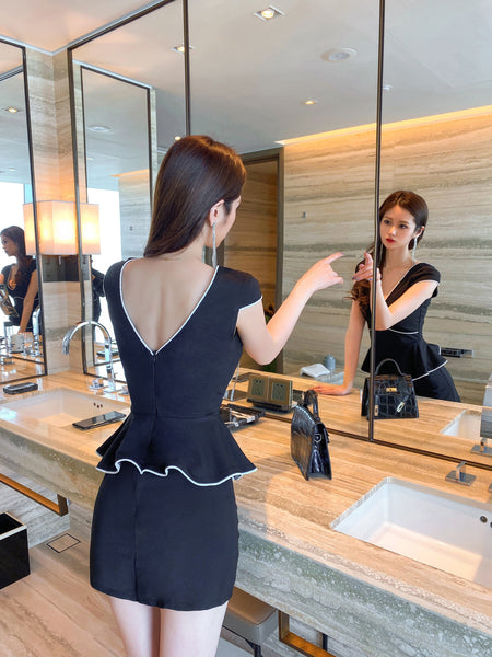Gorgeous Beauty Office Working Lady V Neck Pleated Pattern Waist Short Sleeves Dress Suit