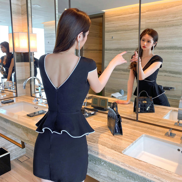 Gorgeous Beauty Office Working Lady V Neck Pleated Pattern Waist Short Sleeves Dress Suit