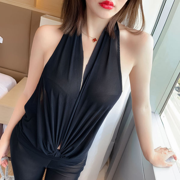 Sexy Women Flattering Fit Big Deep V Halter Neck Open Back Backless Wide Leg Pants Jumpsuit