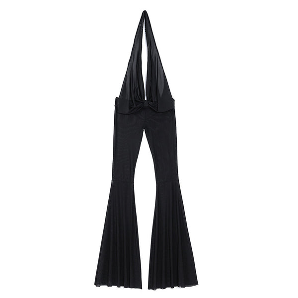 Sexy Women Flattering Fit Big Deep V Halter Neck Open Back Backless Wide Leg Pants Jumpsuit