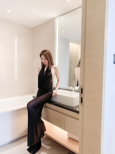 Sexy Women Flattering Fit Big Deep V Halter Neck Open Back Backless Wide Leg Pants Jumpsuit