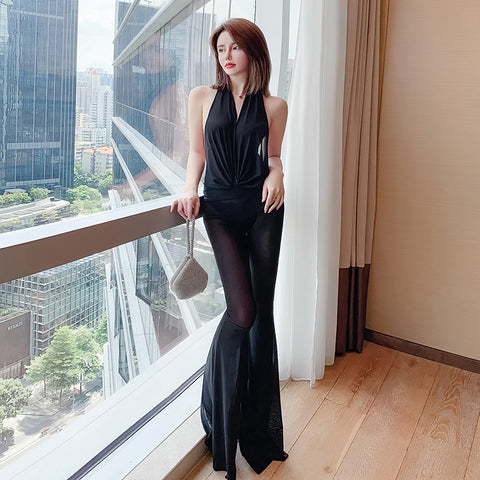 Sexy Women Flattering Fit Big Deep V Halter Neck Open Back Backless Wide Leg Pants Jumpsuit