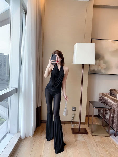 Sexy Women Flattering Fit Big Deep V Halter Neck Open Back Backless Wide Leg Pants Jumpsuit