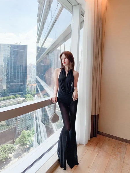 Sexy Women Flattering Fit Big Deep V Halter Neck Open Back Backless Wide Leg Pants Jumpsuit