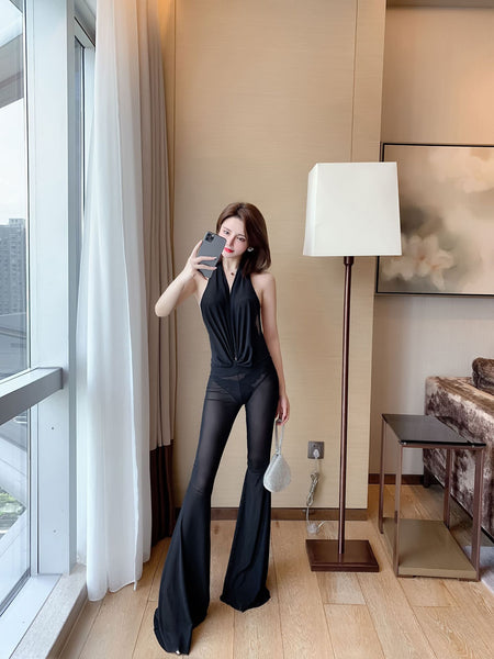 Sexy Women Flattering Fit Big Deep V Halter Neck Open Back Backless Wide Leg Pants Jumpsuit