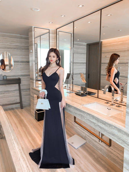 Temperament Gorgeous Spaghetti Strap Deep V Neckline Side Cut Hollow Out Banquet Evening Long Dress