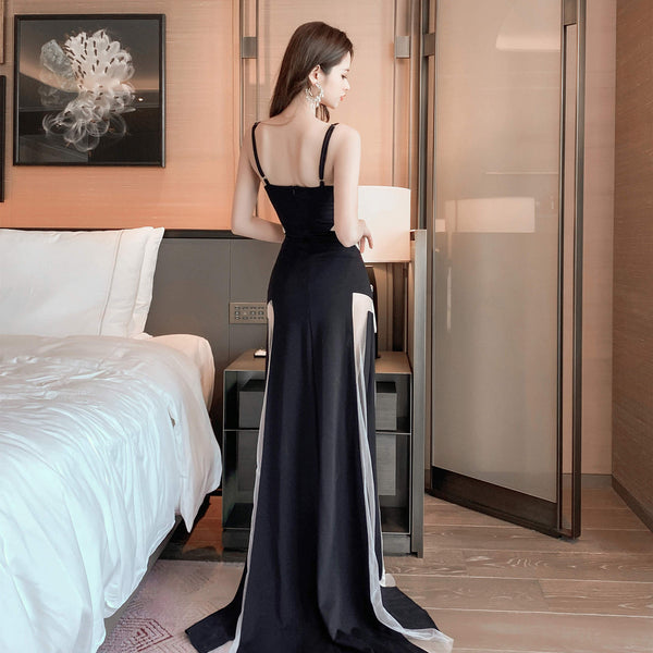 Temperament Gorgeous Spaghetti Strap Deep V Neckline Side Cut Hollow Out Banquet Evening Long Dress