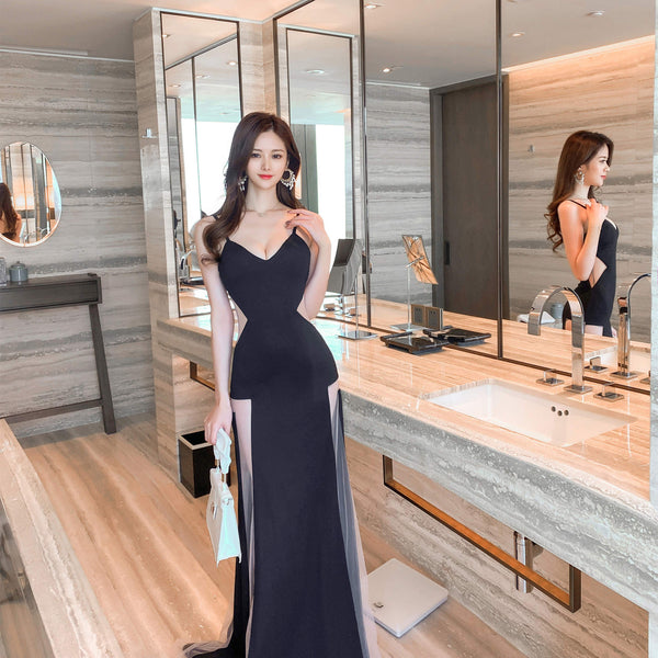 Temperament Gorgeous Spaghetti Strap Deep V Neckline Side Cut Hollow Out Banquet Evening Long Dress