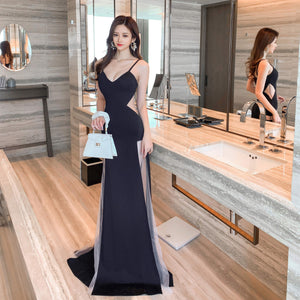 Temperament Gorgeous Spaghetti Strap Deep V Neckline Side Cut Hollow Out Banquet Evening Long Dress