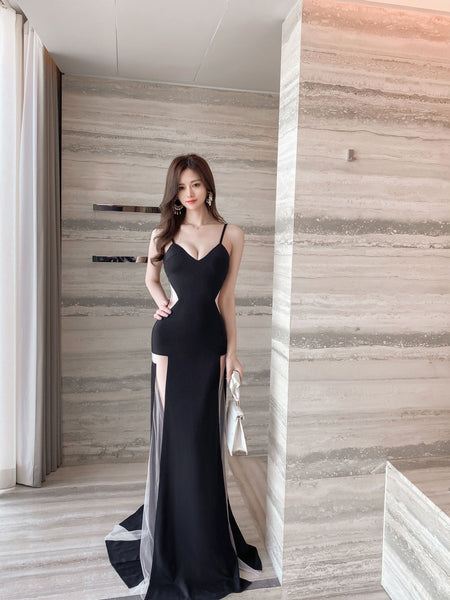 Temperament Gorgeous Spaghetti Strap Deep V Neckline Side Cut Hollow Out Banquet Evening Long Dress
