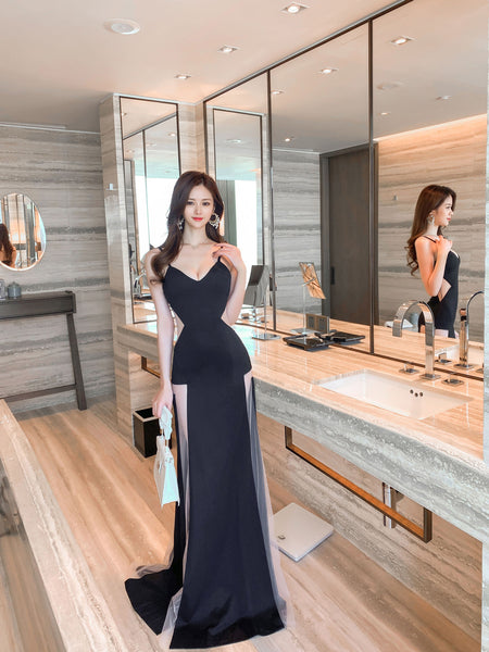 Temperament Gorgeous Spaghetti Strap Deep V Neckline Side Cut Hollow Out Banquet Evening Long Dress