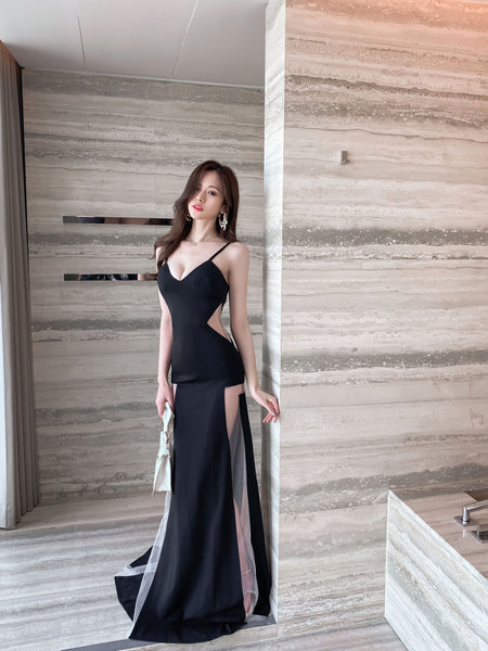 Temperament Gorgeous Spaghetti Strap Deep V Neckline Side Cut Hollow Out Banquet Evening Long Dress