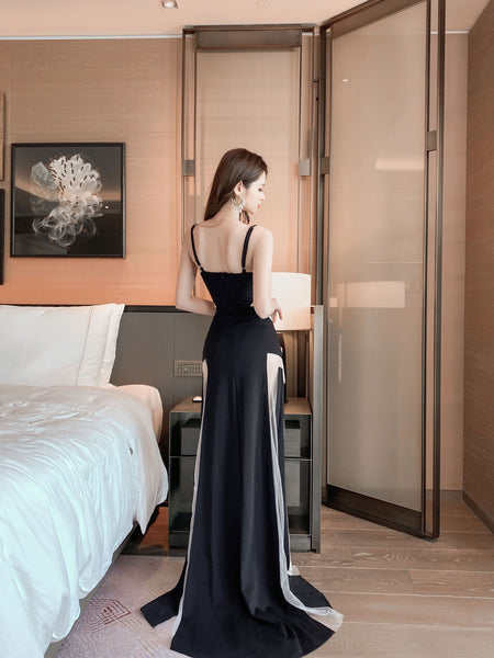 Temperament Gorgeous Spaghetti Strap Deep V Neckline Side Cut Hollow Out Banquet Evening Long Dress