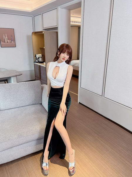 Temperament Sleeveless High Waist Stand Collar Neck Hollow Velvet Overlap Front Slit Long Dress