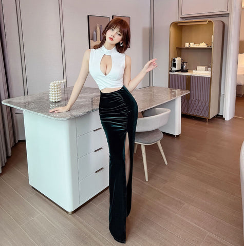 Temperament Sleeveless High Waist Stand Collar Neck Hollow Velvet Overlap Front Slit Long Dress