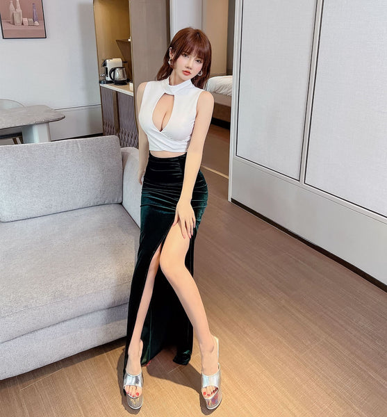 Temperament Sleeveless High Waist Stand Collar Neck Hollow Velvet Overlap Front Slit Long Dress
