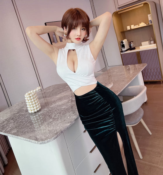 Temperament Sleeveless High Waist Stand Collar Neck Hollow Velvet Overlap Front Slit Long Dress