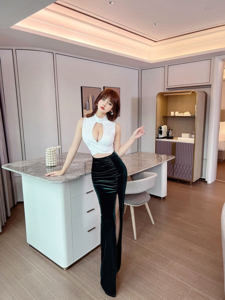 Temperament Sleeveless High Waist Stand Collar Neck Hollow Velvet Overlap Front Slit Long Dress