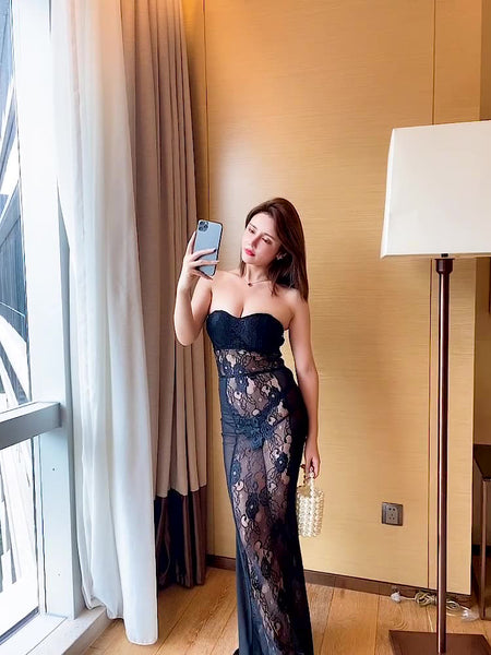Temperament Sheer Mesh Tube Top See Through Floral Embroidery Lace Fishtail Evening Gown Dress