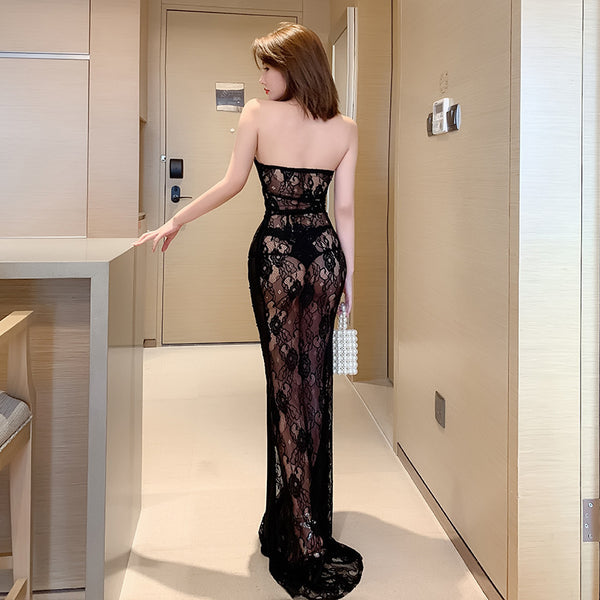 Temperament Sheer Mesh Tube Top See Through Floral Embroidery Lace Fishtail Evening Gown Dress