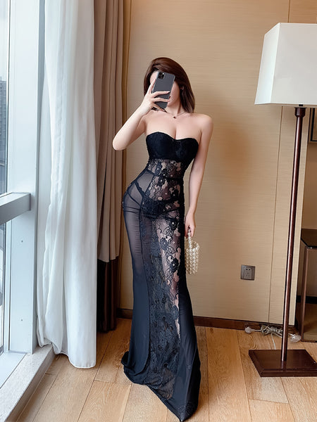 Temperament Sheer Mesh Tube Top See Through Floral Embroidery Lace Fishtail Evening Gown Dress