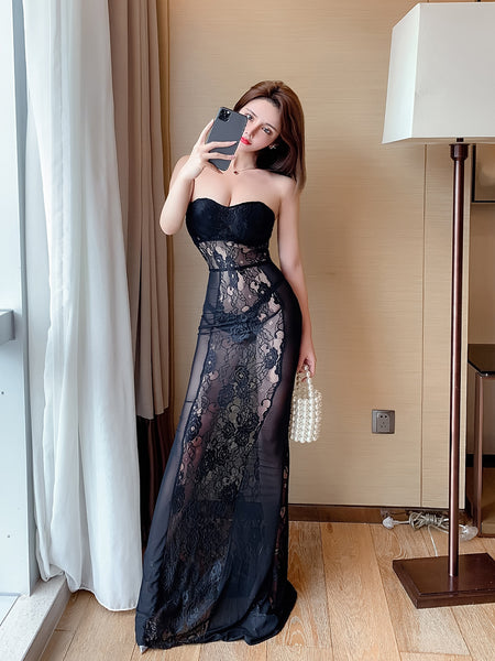 Temperament Sheer Mesh Tube Top See Through Floral Embroidery Lace Fishtail Evening Gown Dress