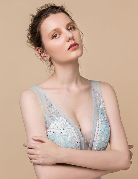 Sexy Sequin Beaded Crystal Sheath See Through Mesh Sleeveless Deep V Neck Evening Long Dress