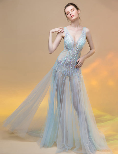 Sexy Sequin Beaded Crystal Sheath See Through Mesh Sleeveless Deep V Neck Evening Long Dress