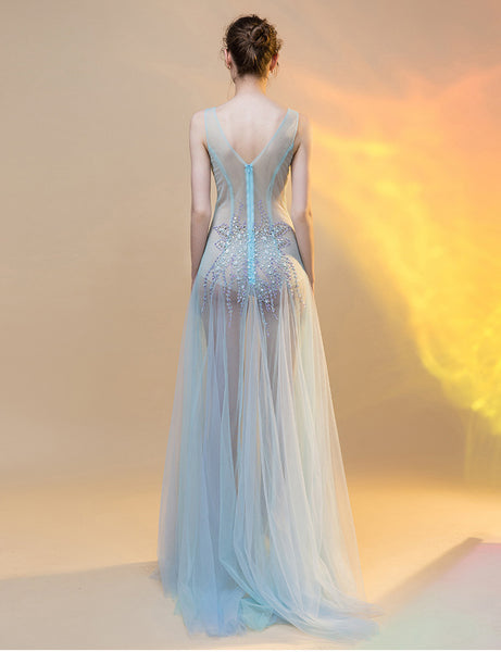 Sexy Sequin Beaded Crystal Sheath See Through Mesh Sleeveless Deep V Neck Evening Long Dress