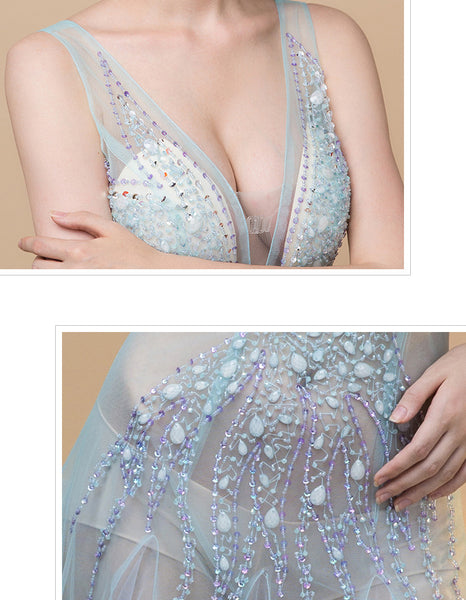 Sexy Sequin Beaded Crystal Sheath See Through Mesh Sleeveless Deep V Neck Evening Long Dress