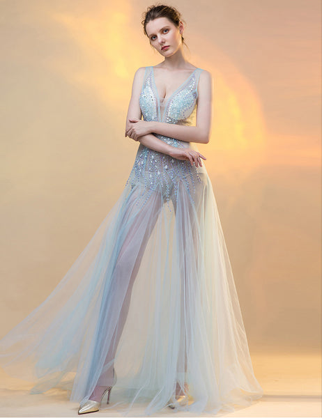 Sexy Sequin Beaded Crystal Sheath See Through Mesh Sleeveless Deep V Neck Evening Long Dress