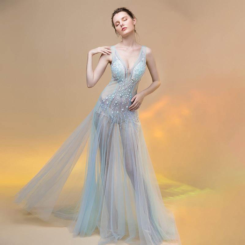 Sexy Sequin Beaded Crystal Sheath See Through Mesh Sleeveless Deep V Neck Evening Long Dress