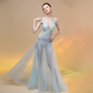 Sexy Sequin Beaded Crystal Sheath See Through Mesh Sleeveless Deep V Neck Evening Long Dress