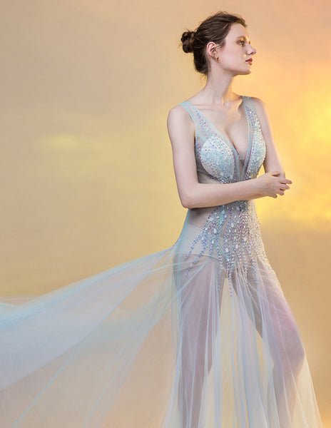 Sexy Sequin Beaded Crystal Sheath See Through Mesh Sleeveless Deep V Neck Evening Long Dress