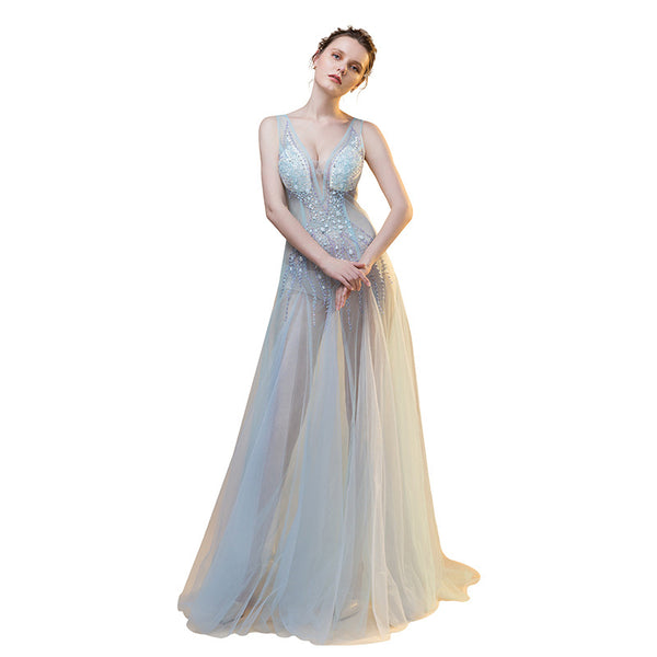 Sexy Sequin Beaded Crystal Sheath See Through Mesh Sleeveless Deep V Neck Evening Long Dress