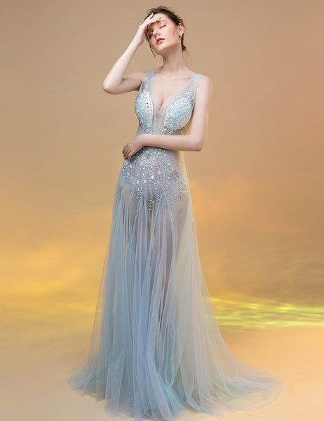 Sexy Sequin Beaded Crystal Sheath See Through Mesh Sleeveless Deep V Neck Evening Long Dress