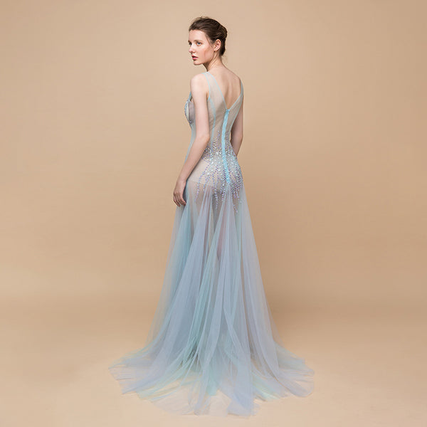 Sexy Sequin Beaded Crystal Sheath See Through Mesh Sleeveless Deep V Neck Evening Long Dress