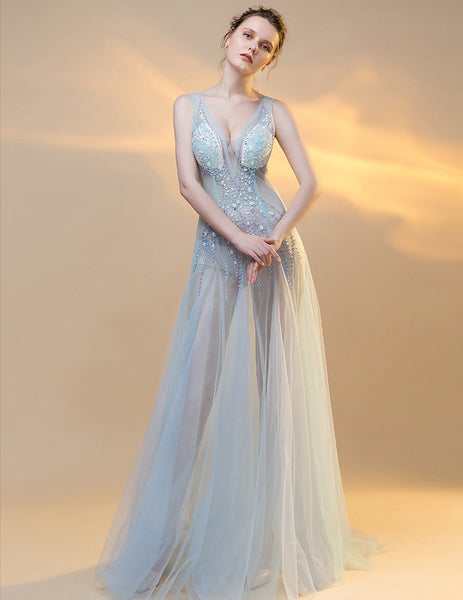 Sexy Sequin Beaded Crystal Sheath See Through Mesh Sleeveless Deep V Neck Evening Long Dress