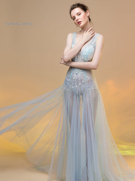 Sexy Sequin Beaded Crystal Sheath See Through Mesh Sleeveless Deep V Neck Evening Long Dress