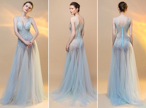 Sexy Sequin Beaded Crystal Sheath See Through Mesh Sleeveless Deep V Neck Evening Long Dress