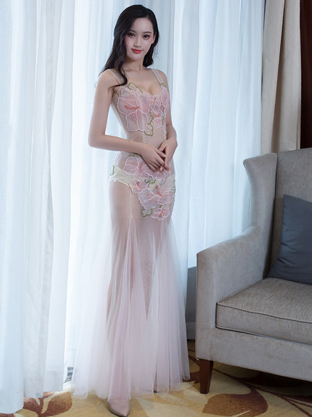 Sexy See Through Lace Mesh Sleeveless Low Cut Embroidered Floral Clubbing Party Gown Dress
